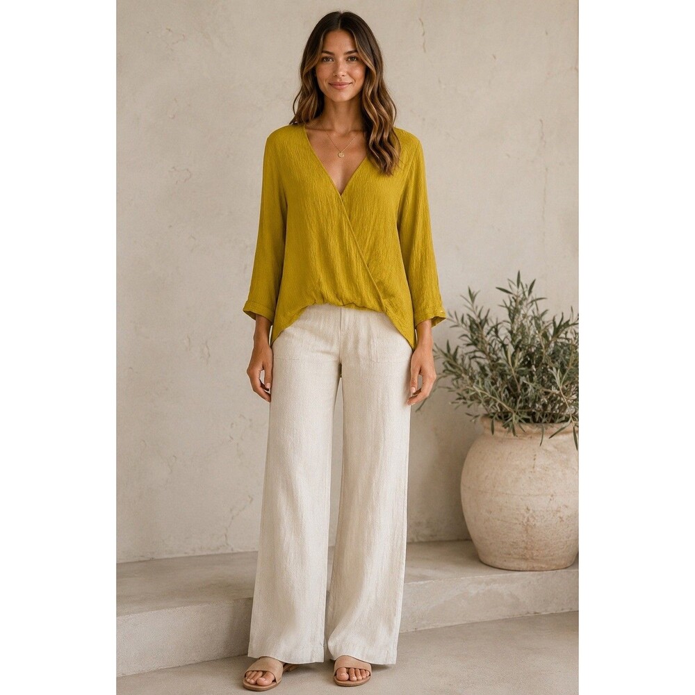 Alythea M Mustard Gold Crinkle Wrap Blouse High Low Boho Rayon Top - Picture 6 of 13